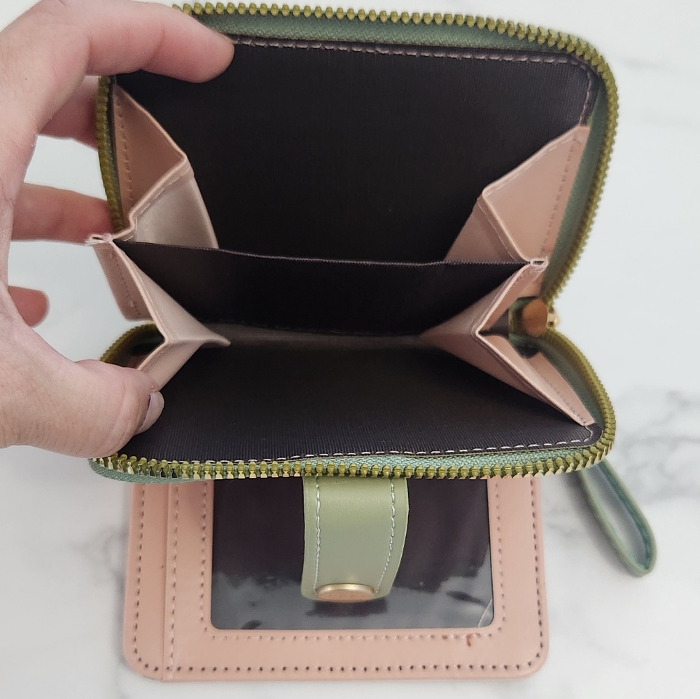 Whimsical Cat Print Mini Wallet Green & White PU Leather • Wristlet Card Hol - Picture 11 of 15